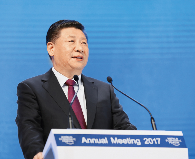 2017年1月17日，習(xí)近平主席在瑞士達(dá)沃斯國際會(huì)議中心出席世界經(jīng)濟(jì)論壇2017年年會(huì)開幕式，并發(fā)表題為《共擔(dān)時(shí)代責(zé)任 共促全球發(fā)展》的主旨演講。